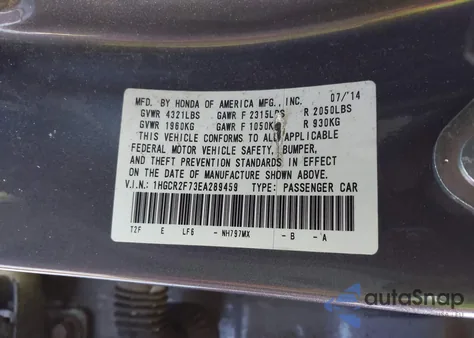 2014 Honda Accord Ex из США, поврежденный, VIN 1HGCR2F73EA289459